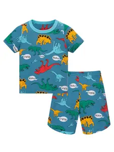 Boys' Jurassic Dinosaur Two-Piece Set, Short Sleeve Shorts, Breathable Milk Silk Fabric, Summer Comfort Home & Outdoor Wear