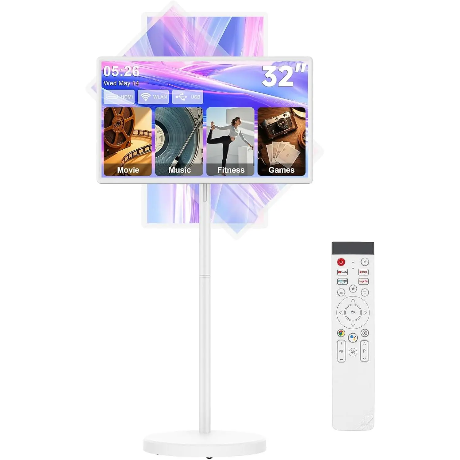 KEFEYA 32" FHD IPS Android 15 Smart TV - Rechargeable 38400mAh LCD Touch Screen Monitor with Wheels, 360° Swivel Rotation, Voice Remote, Wireless Multi-Display Stand, 20W Stereo Speakers, EDLA-Certified for Birthday, Bedroom, Kitchen, Anniversary, Rolling
