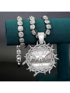 Full Diamond Pendant Necklace of "The Last Supper", Unisex Alloy Thorn Inlaid Diamond Classic Cuban Link Necklace, Diamond Studded Pendant
