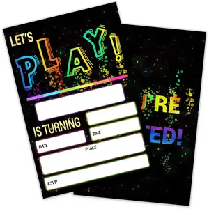 Let's Play Birthday Party Invitations For Boys Girls, Neon Party Invites For Kids, Double Sided Design (20 Cards + Envelopes)