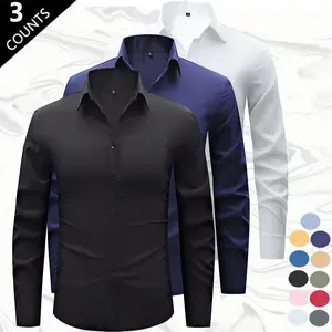 Men’s solid-color slim-fit long-sleeve shirt set of three—business casual, versatile for commuting—made from high-stretch, skin-friendly, breathable, wrinkle-resistant, non-iron fabric with a refined notched collar and neat, flat stitching. Suitable