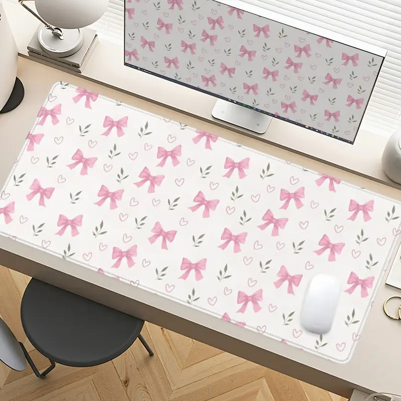 Pink Bow Sweet Pattern Girly Cute Desk Accessories Girly Office Supplies Mouse Pads Extra Large Computer Desk Top Mat Mouse Pad for Laptop Mouse Desk Pad Desk Mats with Non - Slip Rubber Base Stitched Edge for Home and Office