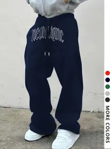 Men's Casual Sporty Long Pants, Letter Pattern Print, Drawstring Wide Leg, Four Seasons Leisure Wear, Men's Fashion Long Pants, Loose Sweatpants