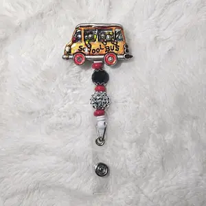 Badge Reel - School Bus Design with Red Beads and Silver Accents - Simple and Clear Product Title