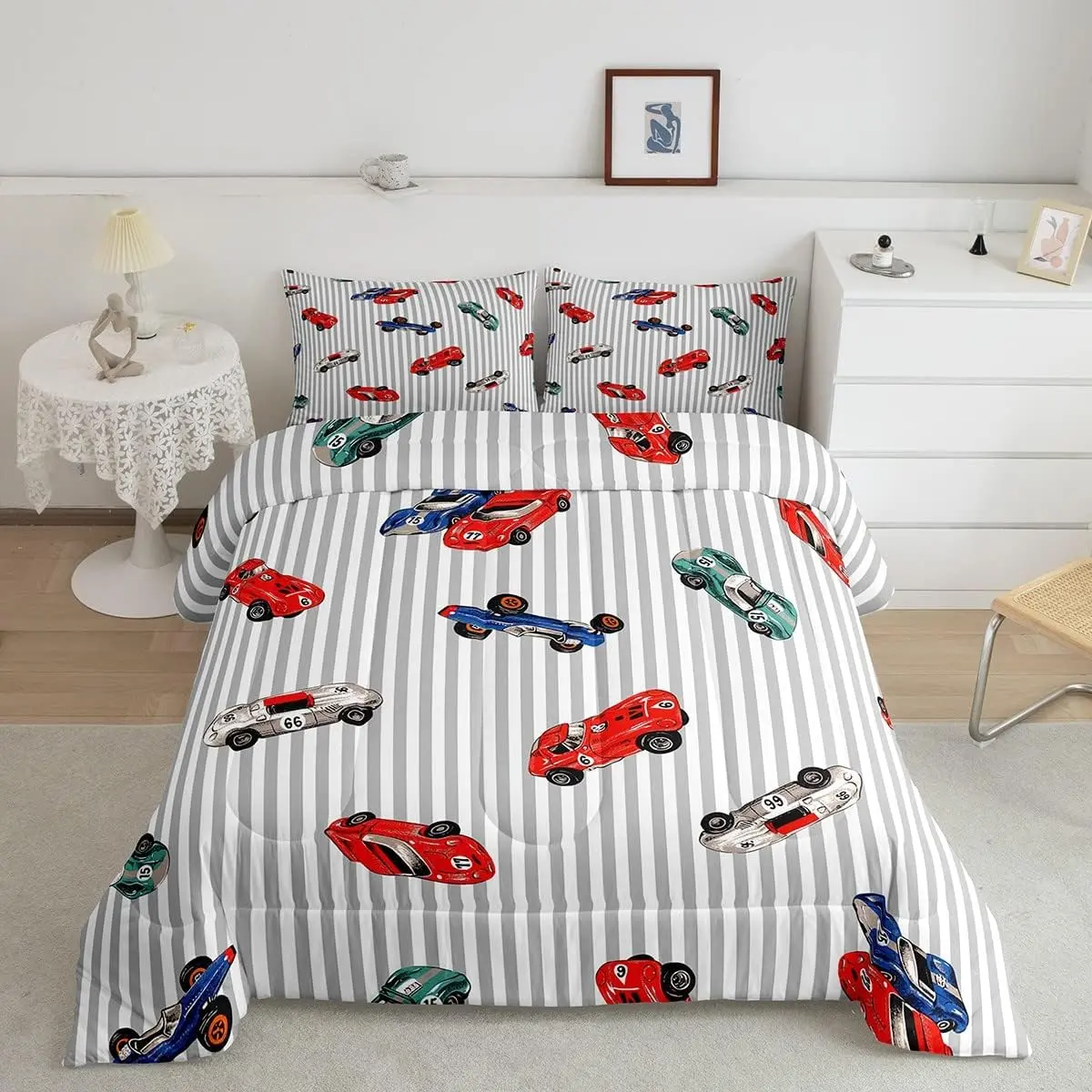 Feelyou Race Car Designer Microfiber Bedding Comforter Set - Luxury Unique Speed Sports Themed, Super Soft Quilted, White Grey Linens Duvet Set, Microfiber Bedding Set