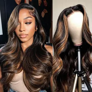 AFRIBYE Human Hair Lace Front Wig - 13x6 Transparent Lace, P1B/30 Ombre Balayage Highlight Body Wave, 200% Density Pre-Plucked Long Length, Heat-Resistant for Women's Wedding & Daily Wear