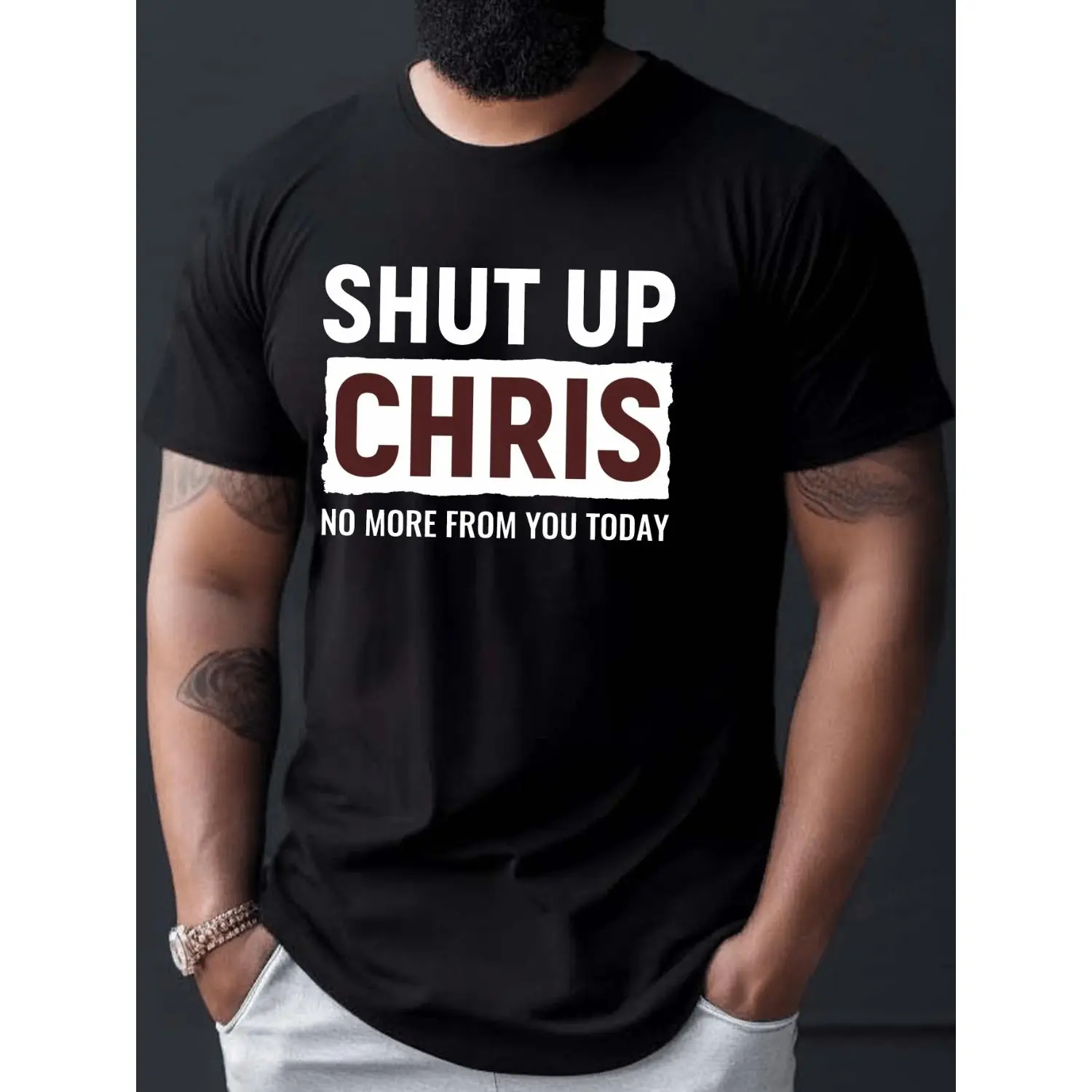 Men's Graphic T-shirt with Funny 'Shut Up Chris' Retro Print, Soft Cotton Loose-Fit Top for Parties and Shopping Days, Plus Size