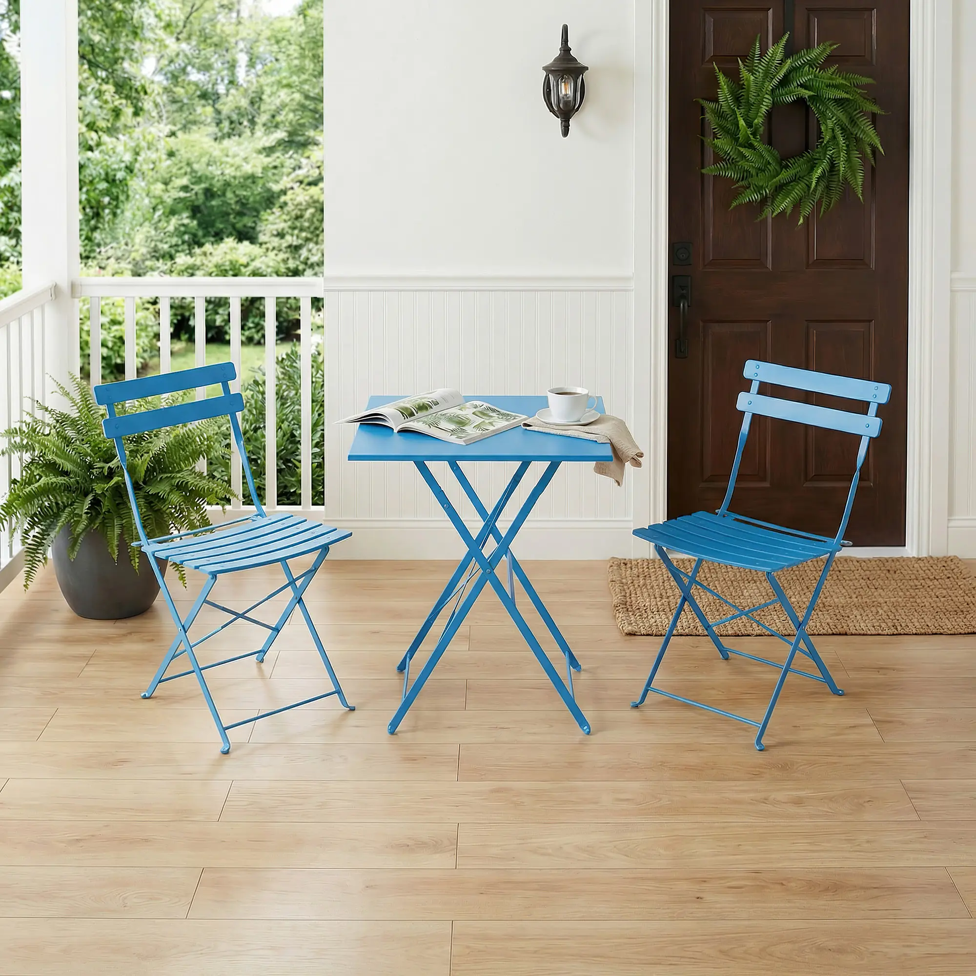 Folding 3-Piece Metal Bistro Set for 2 Compact Weather-Resistant Outdoor Patio Table and Chairs No Assembly Needed for Balcony Garden Porch Deck
