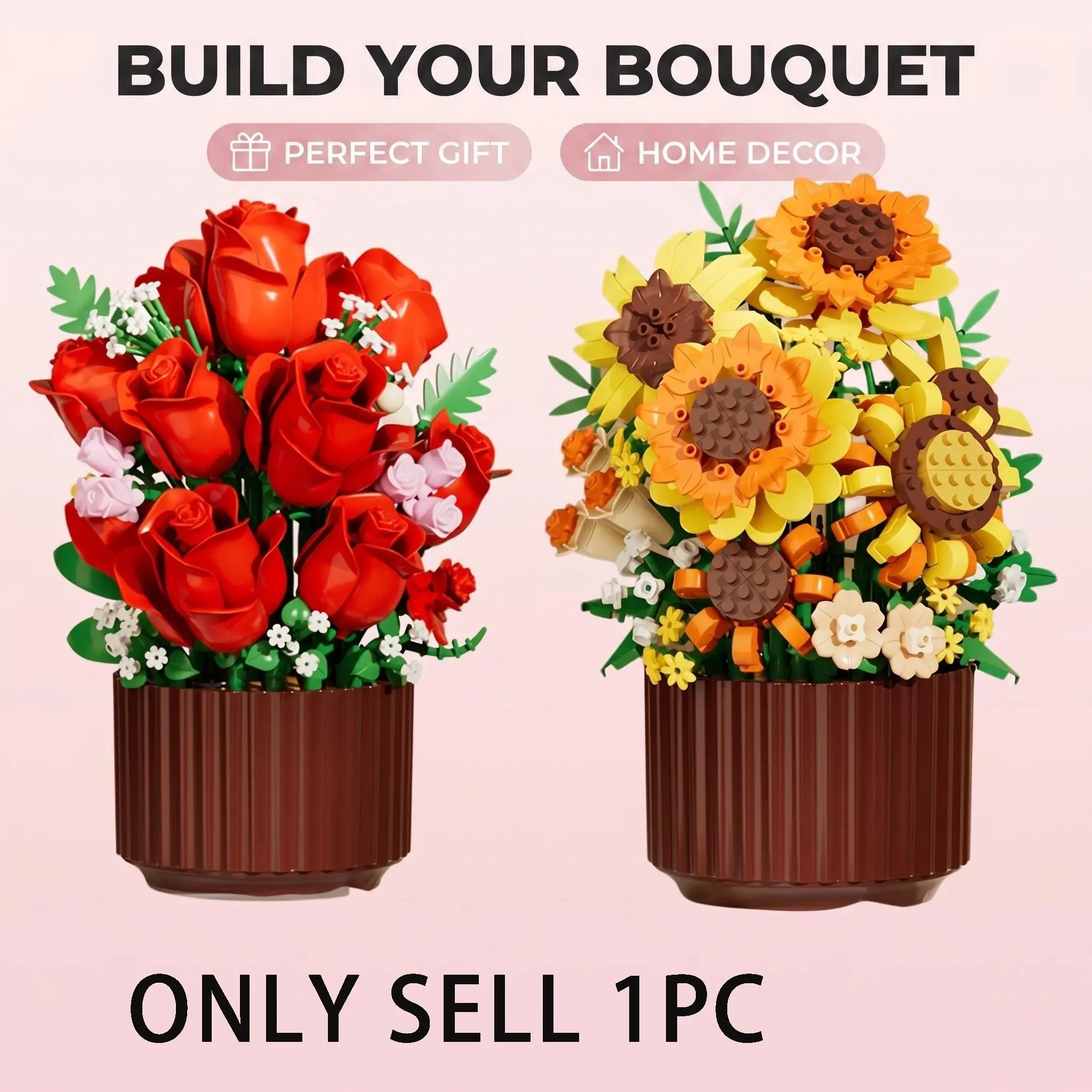 400+pcs Eternal Flower Abs Material, Safe Odorless, Smooth Assembly, Rose/sunflower Block Flowers, Decorative Flowers, Sunflower Bouquet, Perfect for Desktops, Ideal Gift for Friends, Festival Decor, Artificial Flower Decorations