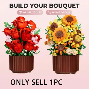 400+pcs Eternal Flower Abs Material, Safe Odorless, Smooth Assembly, Rose/sunflower Block Flowers, Decorative Flowers, Sunflower Bouquet, Perfect for Desktops, Ideal Gift for Friends, Festival Decor, Artificial Flower Decorations