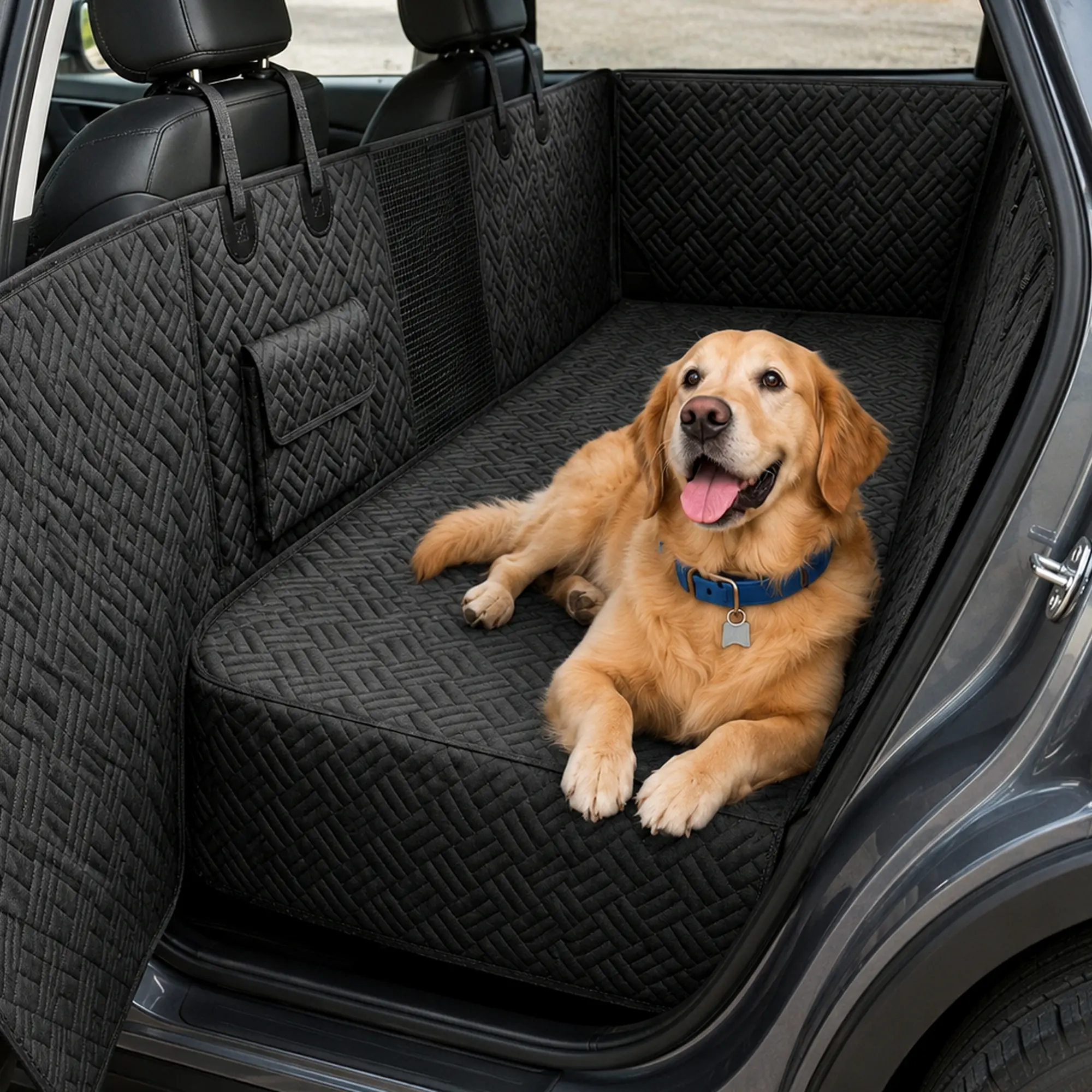 Hard Bottom Dog Car Seat Cover, Fully Waterproof 600D Oxford Backseat Extender with Door Protection, Mesh Window & Nonslip Base for Cars, SUVs and Small Trucks