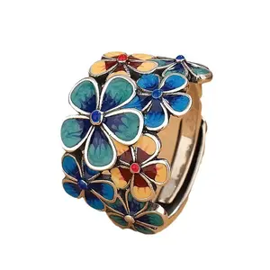 Vintage Ethnic Style Cloisonné Enamel Floral Ring for Women, Resin Craft, Open Design, Niche Design