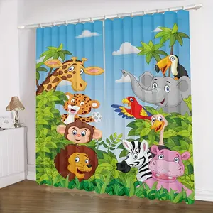 Cute Cartoon Curtain, 2 Counts Forest Zoo Animation Digital Printing Thin Semi Transparent Curtains, Home Decoration Curtain, with Hook and Rope, Suitable for Bedroom, Study Decor