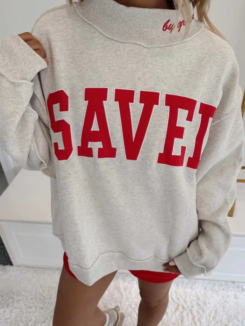 Women’s SAVED Embroidered Graphic Sweatshirt, High Mock Neck Long Sleeve Casual Pullover with Ribbed Cuffs and Hem, Oversized Relaxed Fit Faith Inspired Top for Everyday Wear ,Casual ,Womenswear ,Oversized ,Style ,Tops