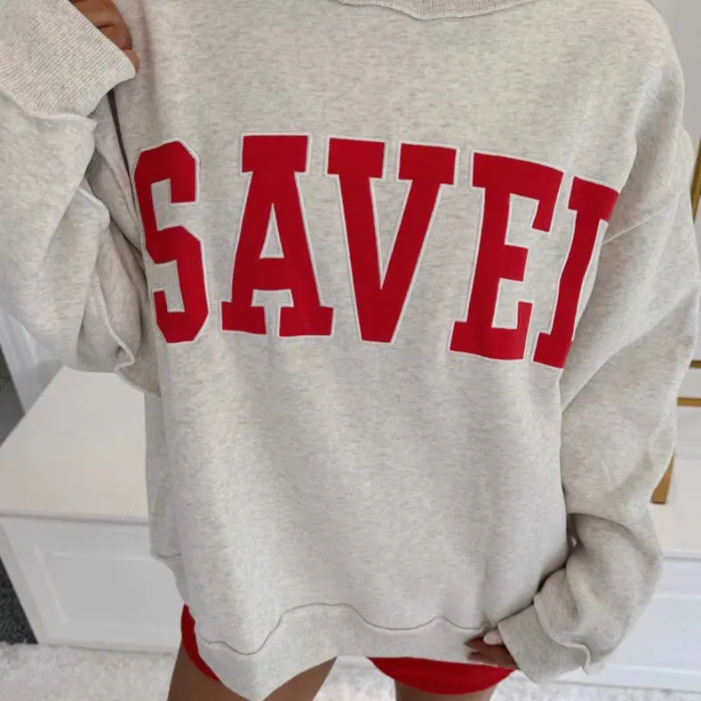 Women’s SAVED Embroidered Cotton-Poly Mock Neck Sweatshirt - Soft, Long Sleeve, Ribbed Cuffs & Hem, Baggy Oversized Loose Fit, Faith-Inspired Christian Clothing, Women's Tops, Everyday Casual Pullover Clothes