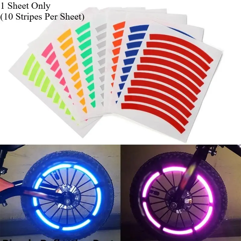 Reflective Tire Wheel Stickers for Motorcycles & Bicycles, 1 Sheet of 10 Strips, Improve Night Visibility & Safety, Ca Prop 65 Compliant