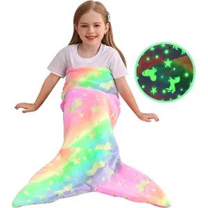Kids Mermaid Tail Blanket - Mermaid Tail Blankets Glow in The Dark - Flannel Mermaid Blanket Gifts for Girls - Luminous Star Super Soft Tie Dye Girls Toys-Sleeping Bags