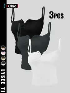 26 Valentine's Day 3pcs Women's Casual Fashion Sports Multi Button Round Neck Solid Color Strap Top Mixed Three Piece Set