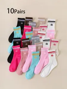 Women's Socks 20/10 Pairs, All-Season Sports Socks, Fitness Running Basketball Socks, Comfortable Soft Breathable Casual Striped Long Tube Socks
