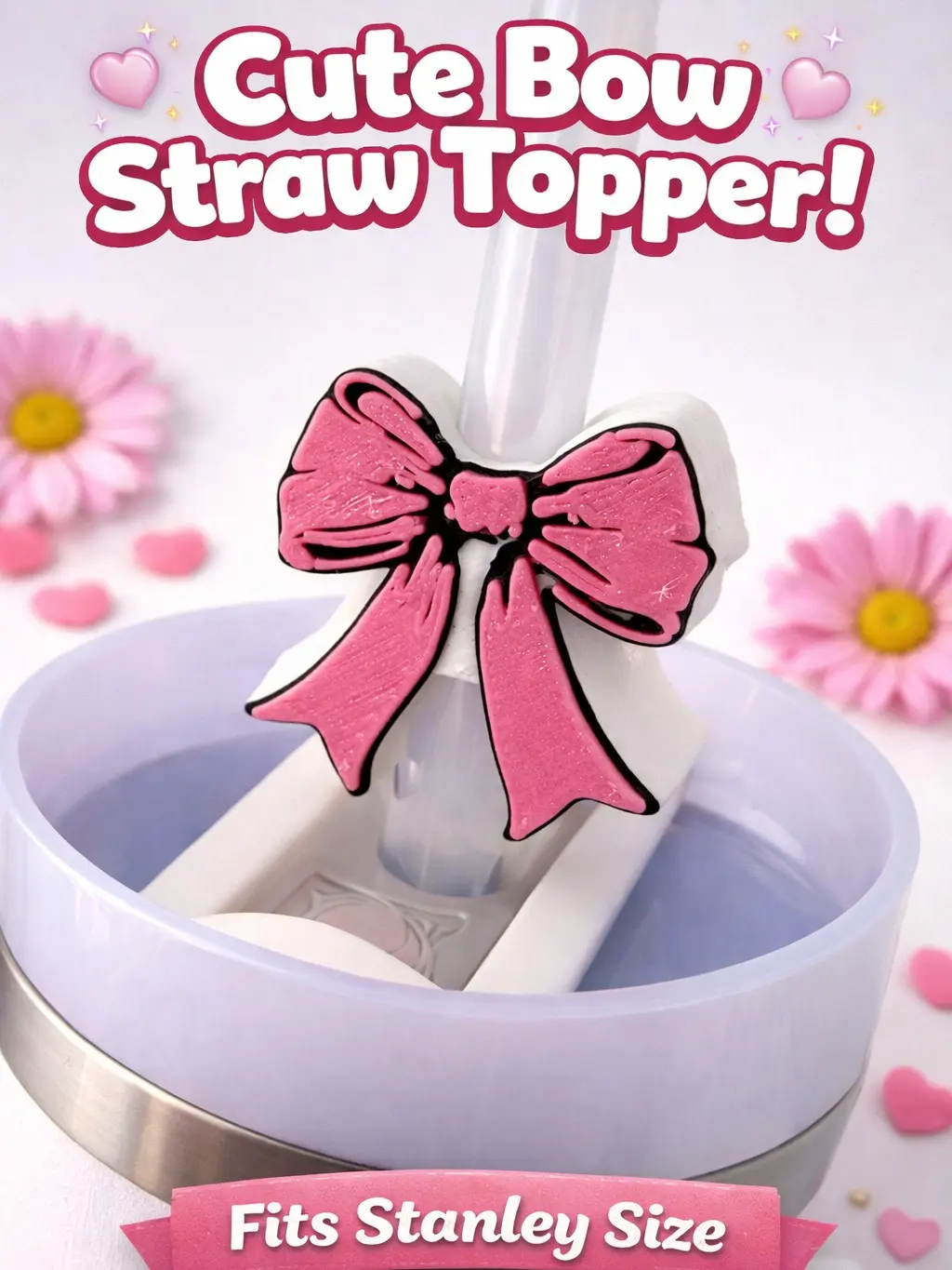 Cute Bow Straw Topper for Stanley Cup | 3D Printed Pink Tumbler Accessory | Girly Cup Charm