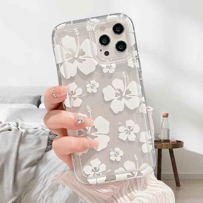 Transparent Full-Screen Soft Silicone-Plastic-Metal Cellphone Casing - Protective Cover with White Flower Petals for iPhone 17,16,16 Plus,15,14,13,12,11,XS,XR,X,7,8,12/13 Mini,Pro,Max,SE - Mobile Accessories for Birthday,Valentine's Day Gifts, Smartphone,