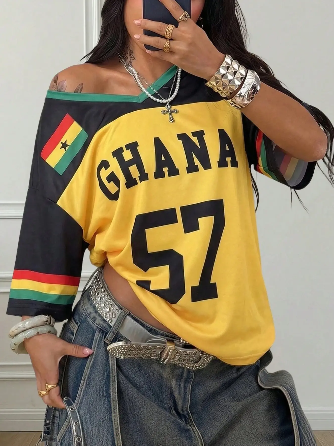 Women's Ghana 'ghana 57' Soccer Jersey, Football Athletic Shirt, & Print Y2K Streetwear Tee, Loose-Fitting, Breathable Athletic Top, V Neck Jersey, Breathable Workout Tops