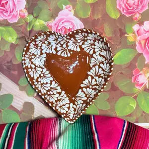 Talavera Heart-Shaped Plate in Terracotta with White Floral Design for Decorative Dining