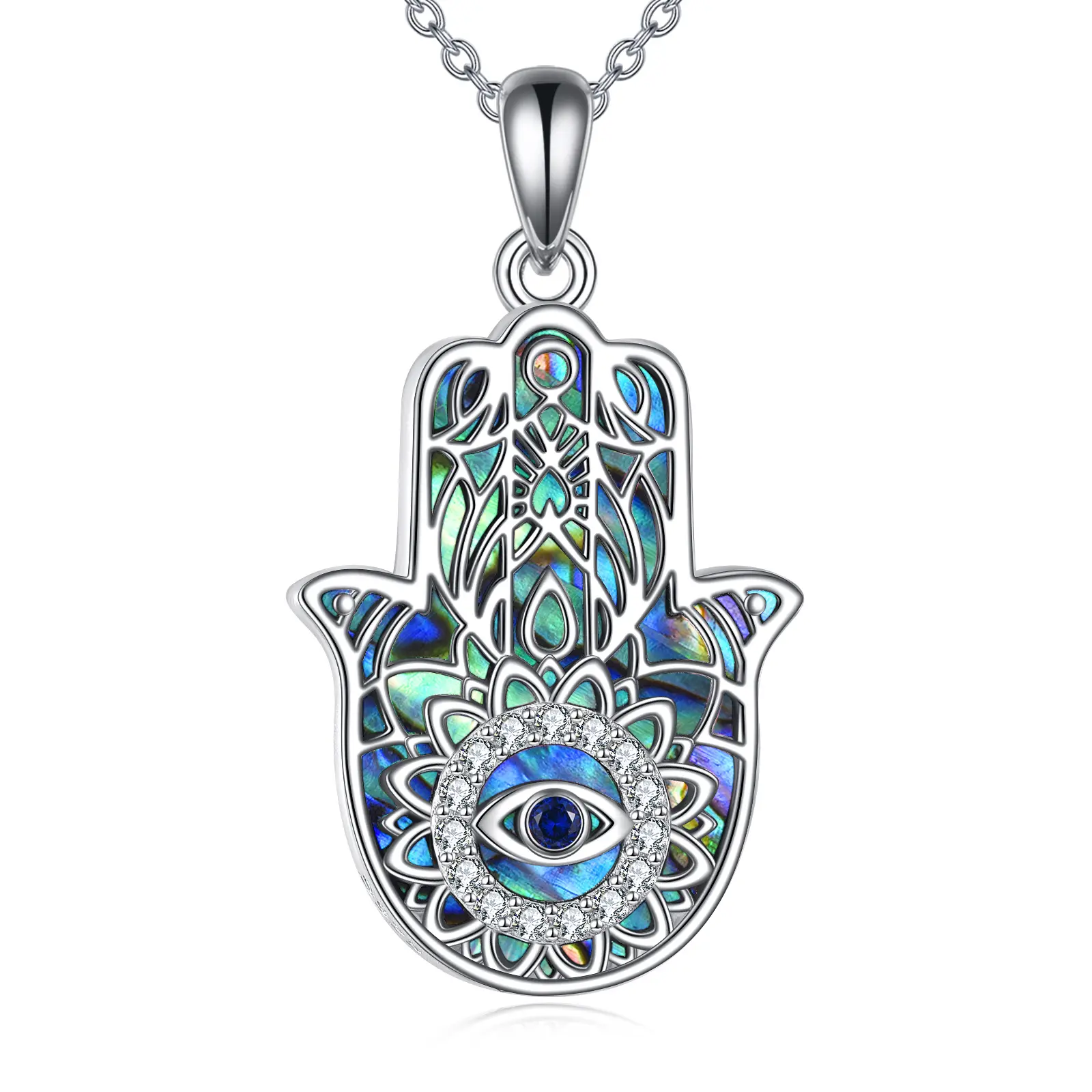Women's 925 Sterling Silver Hamsa Hand Necklace, Adjustable Length Religious Charm with Crystal Accents, Auspicious Fatima Jewelry Gift