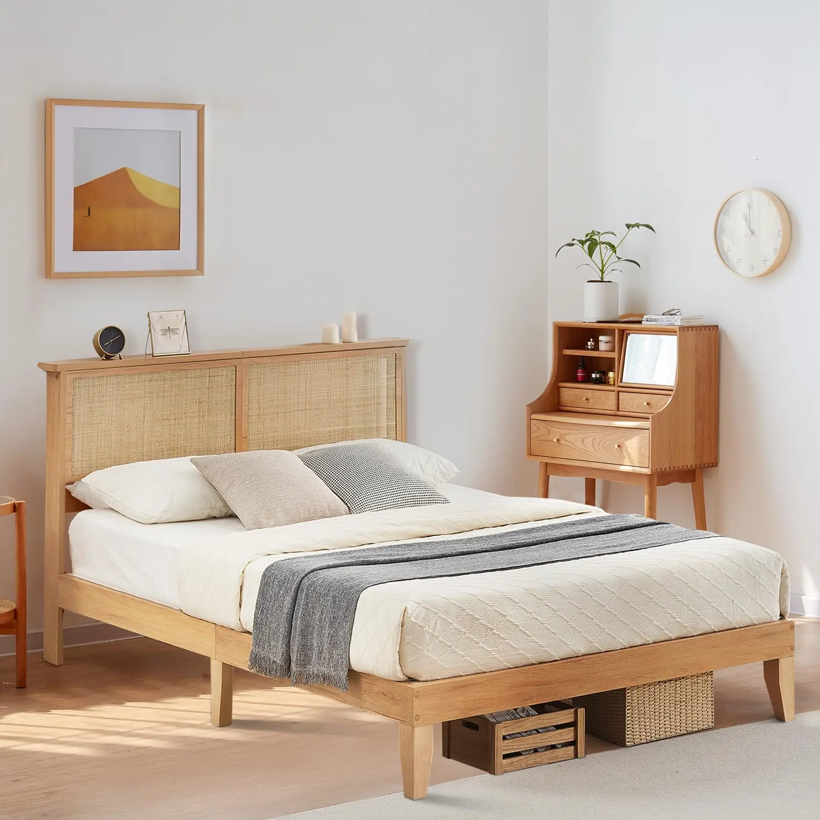 Garvee Queen Size Rattan Bed Frame with Natural Headboard, Bohemian Queen Rattan Bed Frame, Platform Bed with Wooden Legs, LED Lights, No Box Spring Needed,Easy Assembly