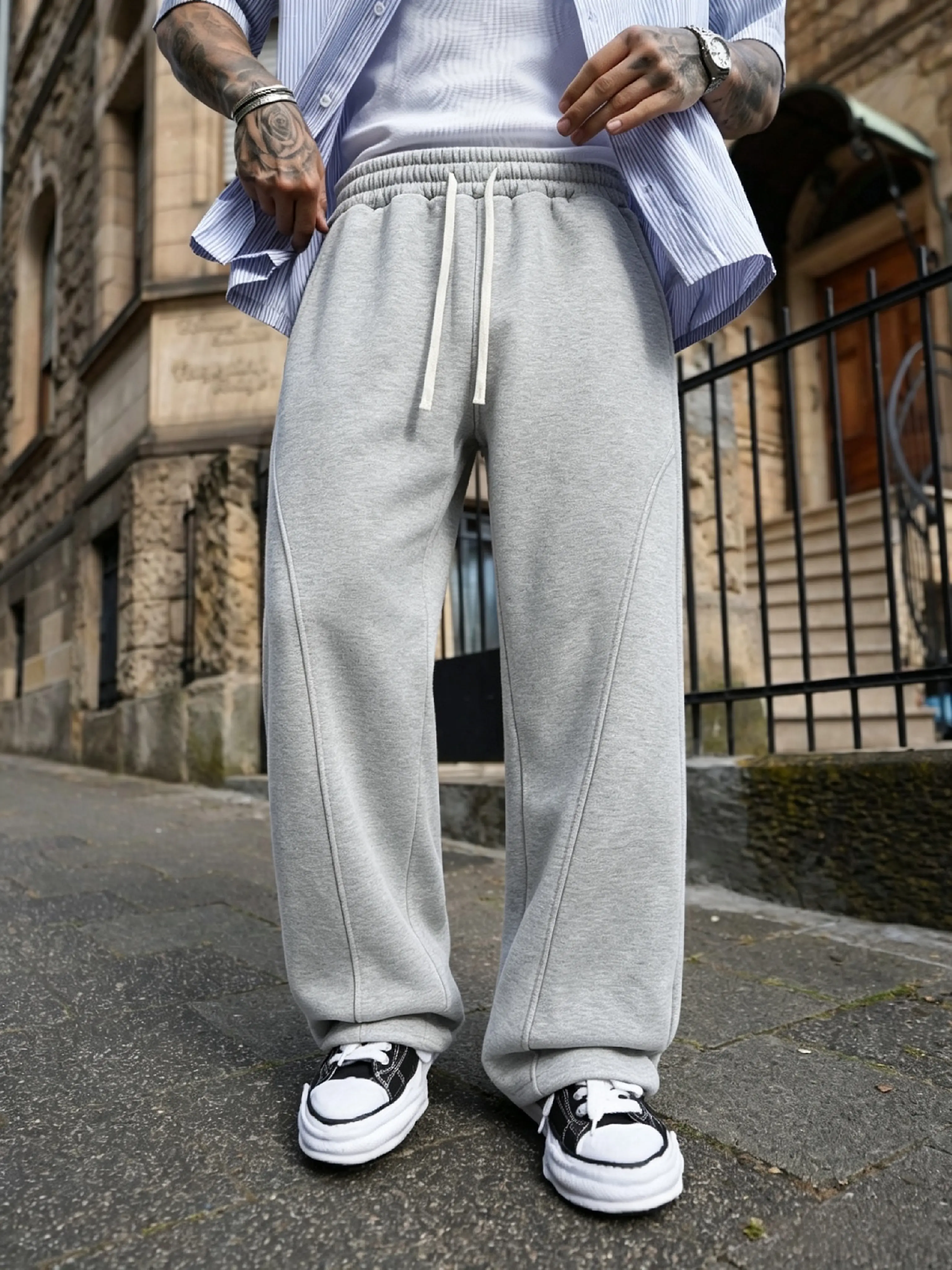 Men's Baggy Polyester Jogger Sweatpants - Diagonal Split Design, Elastic Drawstring Waistband, Loose Straight-Leg Long Pants, Casual Chic All-Season Casual Wear Bottoms