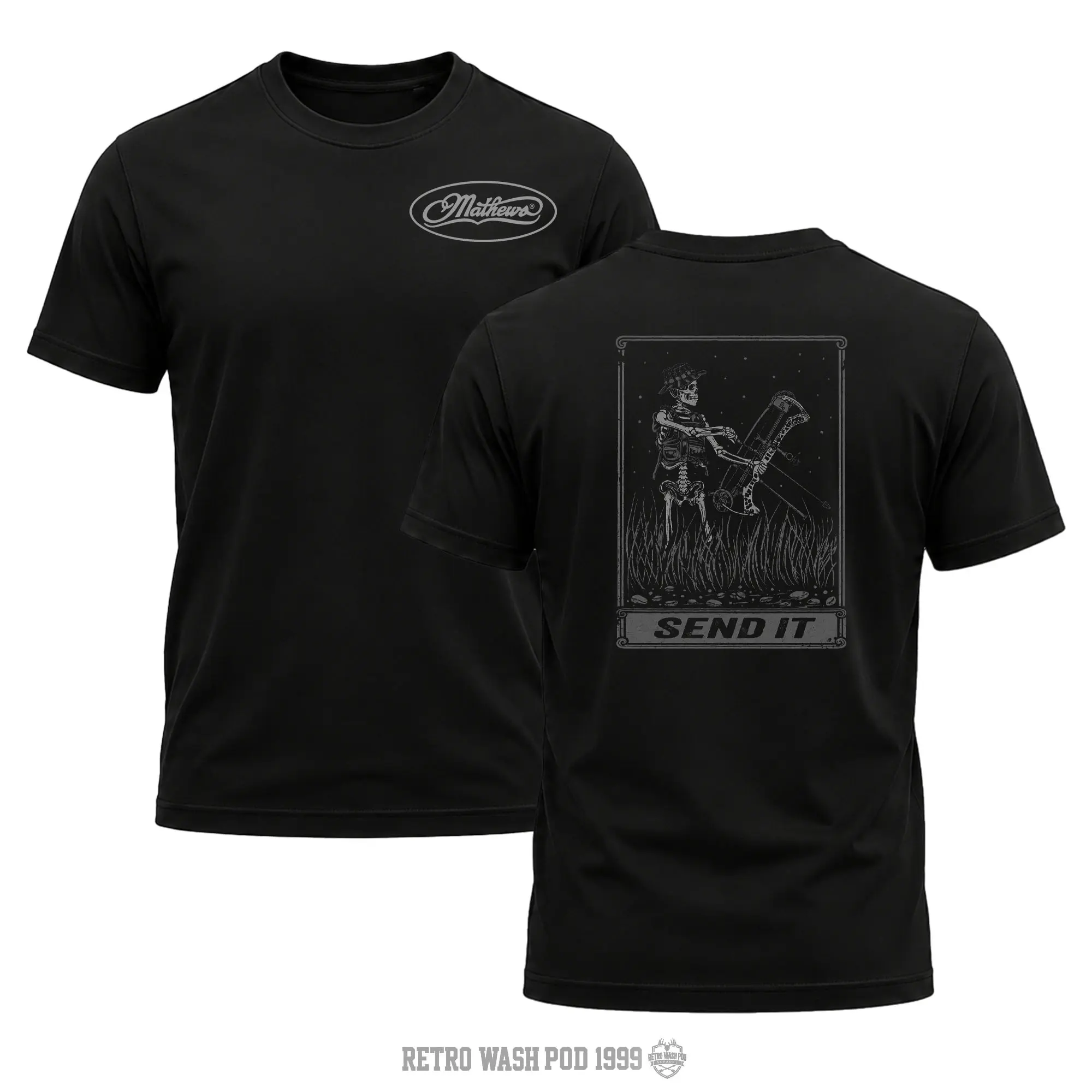 Mathews "Send It" Men's Shirt, Hunting T-shirt, Crew Bowhunting Shirt, Deer Skull Archery Tee, Archery Tactical Gear, Unisex Short Sleeve Casual 100%, Outdoor Gift For Men, Made In USA.