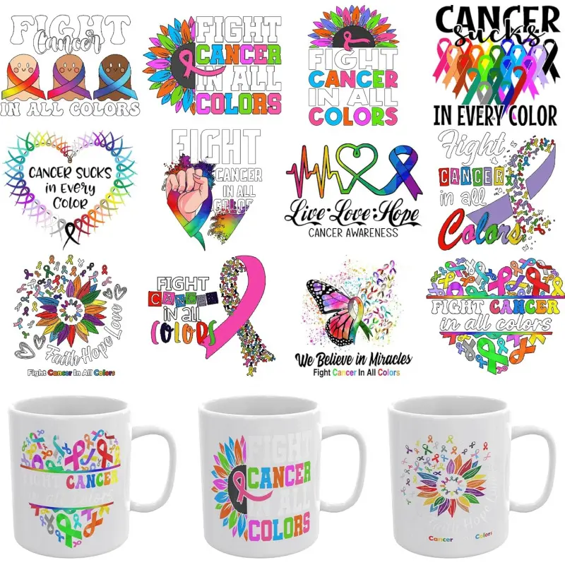 12PCS UV DTF Cup Wrap,Cancer Awareness UV DTF Cup Wraps Transfer Stickers,Easy to Operate and Design,Suitable for Party Decoration, Birthday Decoration, Home Decoration