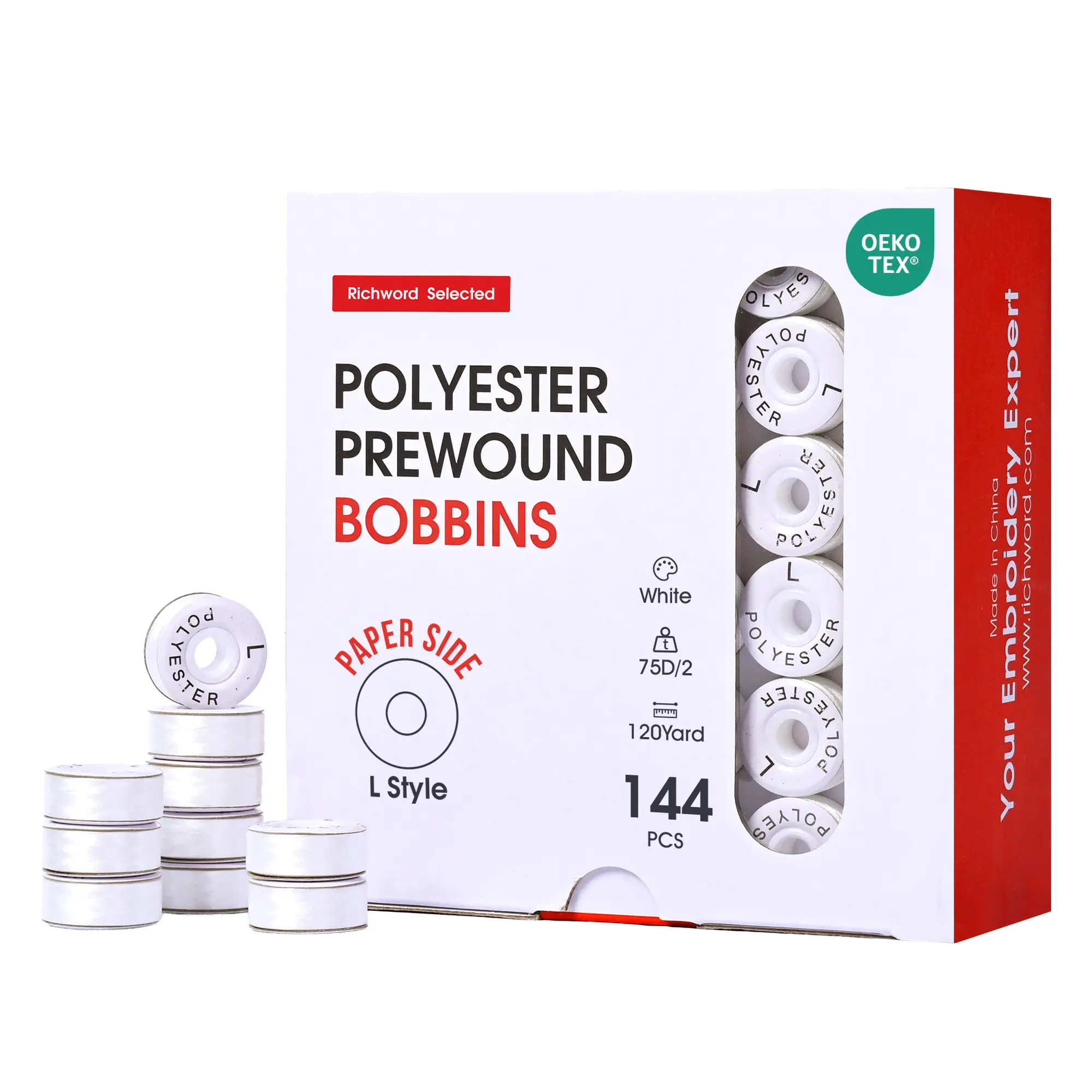 PooLin Richword Style L Prewound Paper Side Embroidery Bobbins, 60wt 75d/2 144pcs White-75d/2, High Quality Material for Commercial Embroidery Machines