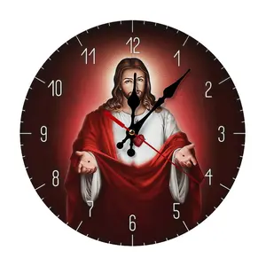 Silent Wall-Mounted Modern Sacred Heart of Jesus Wooden Clock, 10/12in Catholic Religious Decor for Home, Church, Silent Wall Clocks