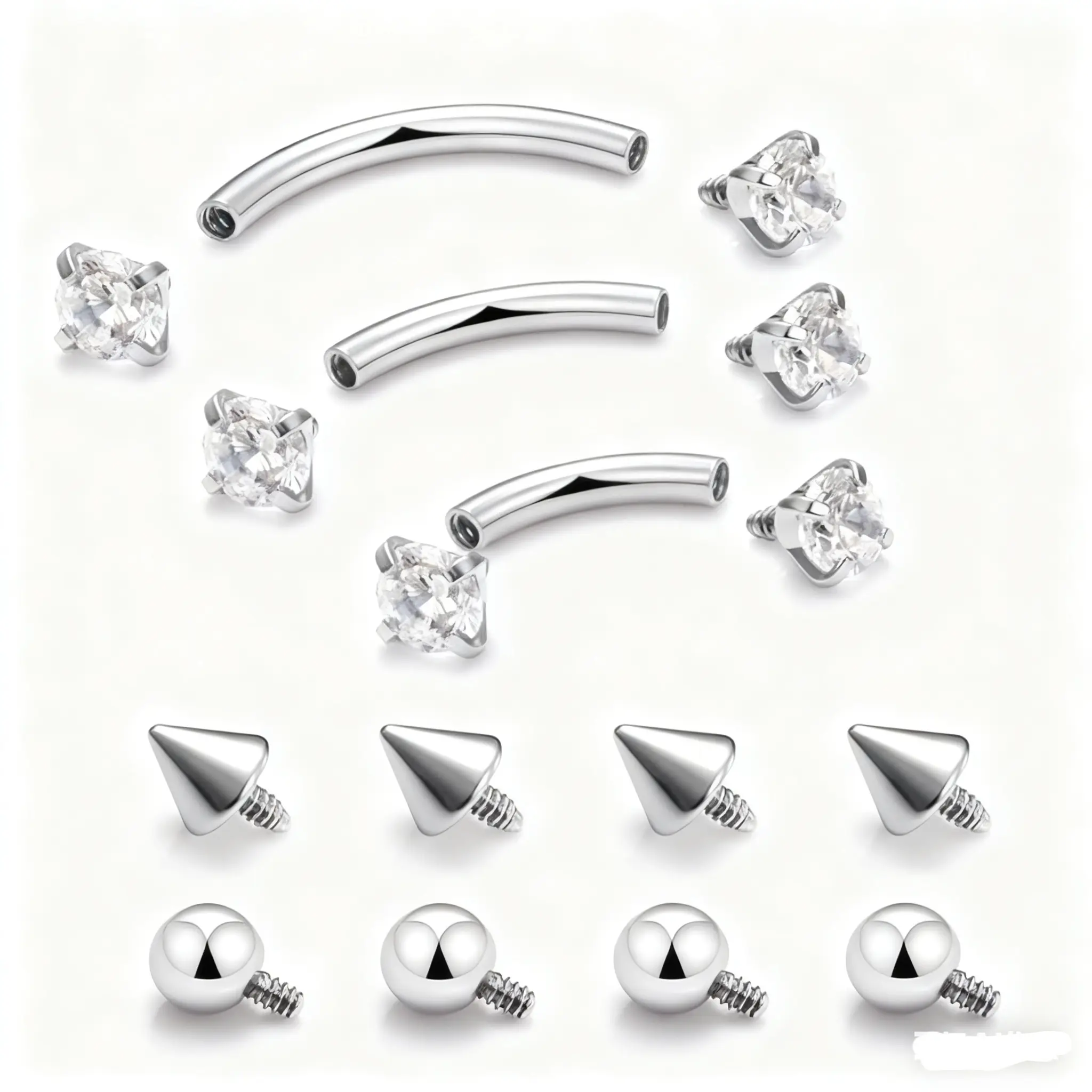 Hypoallergenic Surgical Steel Curved Barbell - 16G Unisex Body-Safe Non-Tarnish Internal Thread Jewelry, Ball/Spike Ends, 6mm/8mm/10mm Sizes for Eyebrow, Vertical Labret Piercings, Daily Wear, Surgical Steel Piercing Jewelry, Body Jewelry Set