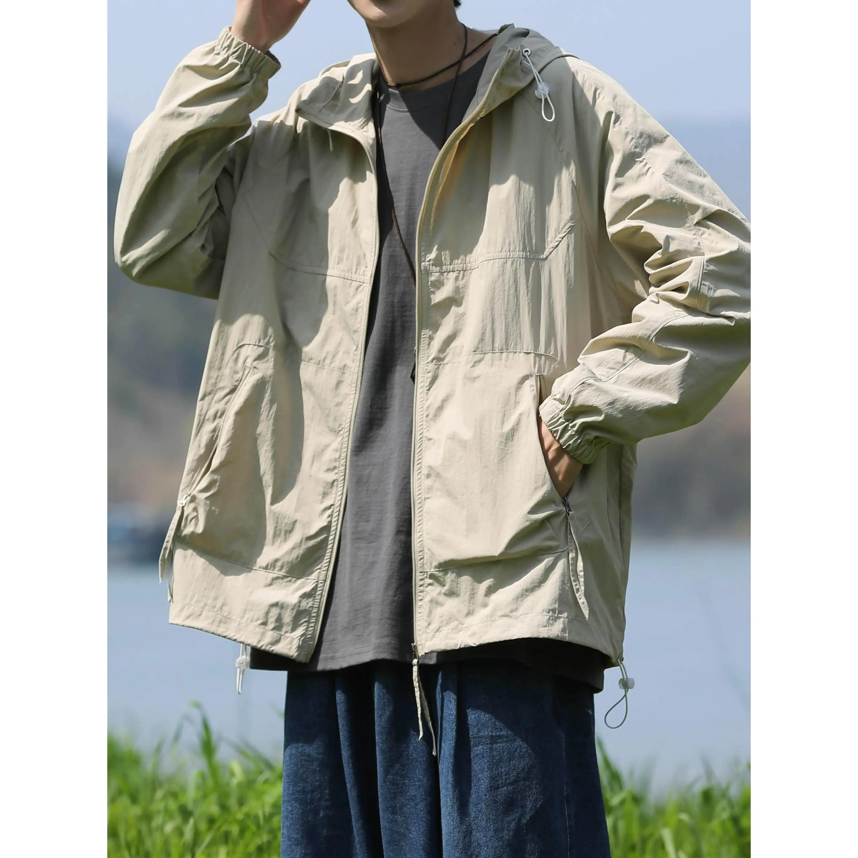 Men's Lightweight Summer Sun Protection Hooded Jacket, Breathable Semi-Translucent Fabric with Adjustable Drawstring Hood & Elastic Cuffs, Casual Outdoor Hiking Camping Coat, Machine Washable, Camping Clothes, Raglan Sleeves, Durable Zipper Closure