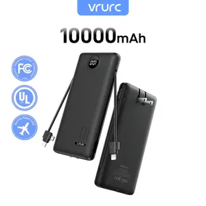 VRURC 10000mAh Power Bank with Built-in AC Plug & Cable, USB-C PD20W Fast Charging, LED Digital Display, Portable Charger for iPhone Android Compact Micro