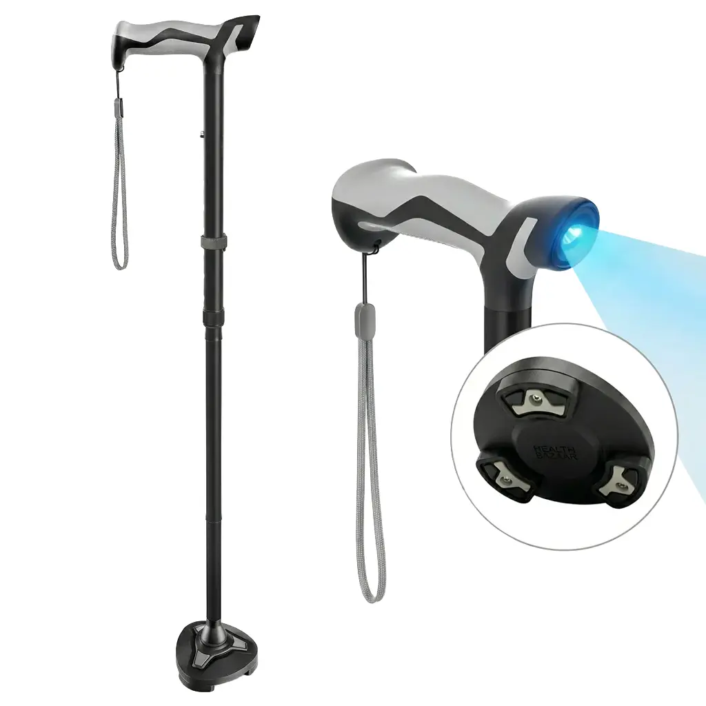 LED Walking Cane - Adjustable Collapsible Folding Cane with Rubber Tips, Self-Standing, Shock Absorption, Up to 350lbs