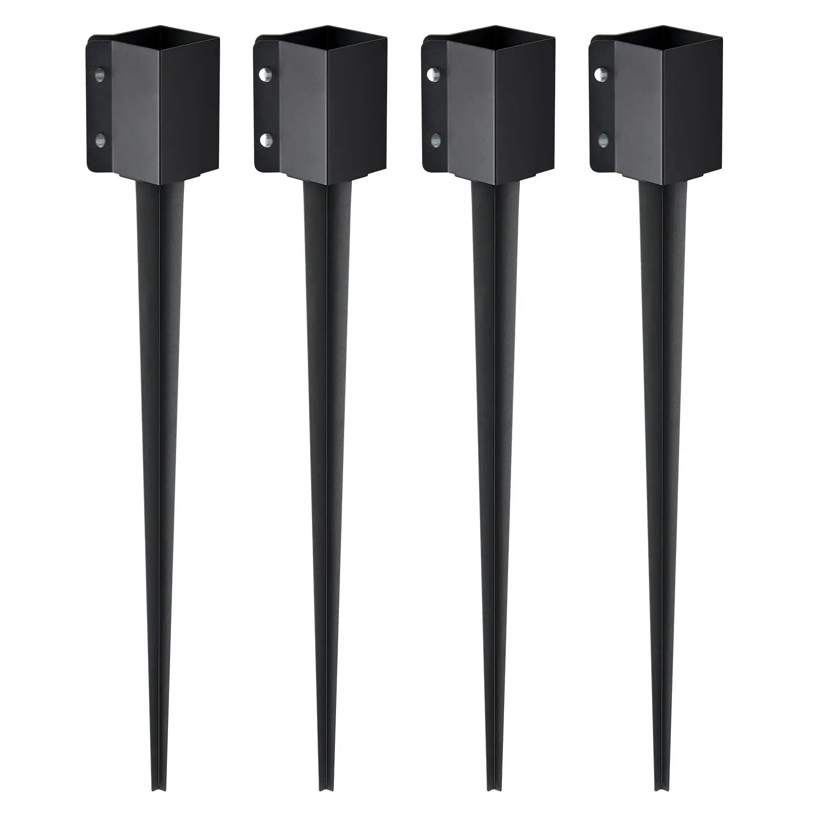 Fence Post Anchor Ground Spike Set, Four Pack, 36 X 4 X 4 Inches Outer Diameter, Inner Diameter 3.5 X 3.5 Inches, Black Powder Coated Metal Post Stake For Mailbox, Deck, Garden, And Railing