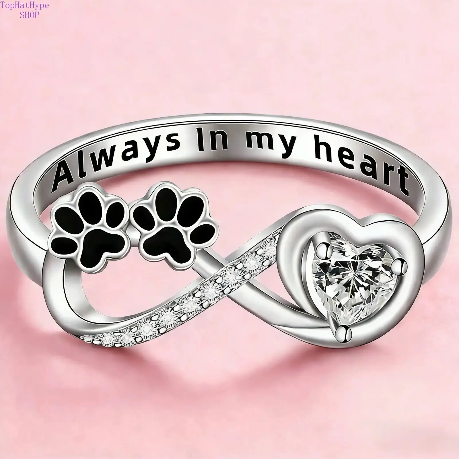 Women's 2026 Pet Memorial Paw Print Ring - Cubic Zirconia Infinity Heart Ring with "Always In My Heart" Engraving, Keepsake Jewelry Gift for Pet Lovers, Rings For Women
