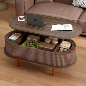 Mid-Century Lift Top Coffee Table with Fluted Panel, Hydraulic Soft Close Wooden Lift Tabletop Center Table, Hidden Large Storage Compartment Multi-Functional Living Room Working Dining Table