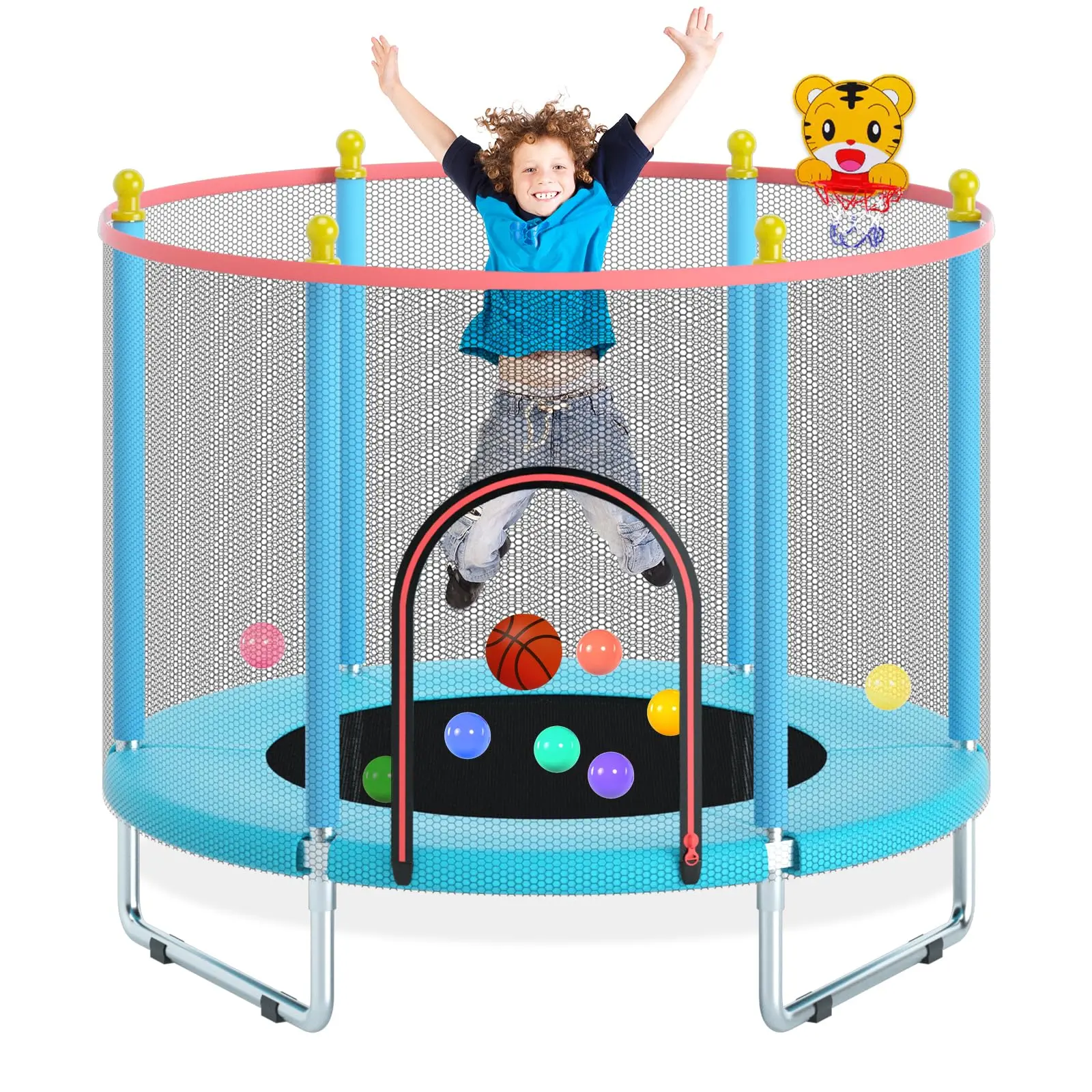 55" Trampoline for Kids Telawah Indoor/Outdoor Mini Baby Trampoline with Enclosure Net Safety Enclosure Adjustable Toddler Trampoline with Basketball Hoop Gifts for Boys & Girls