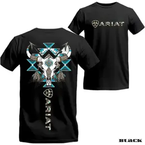 ariat Feathers Graphic with Blue Aztec Patterns – Unisex Tee for Country Style & Ariat Tribal Skull T-Shirt – Western Bull Skull