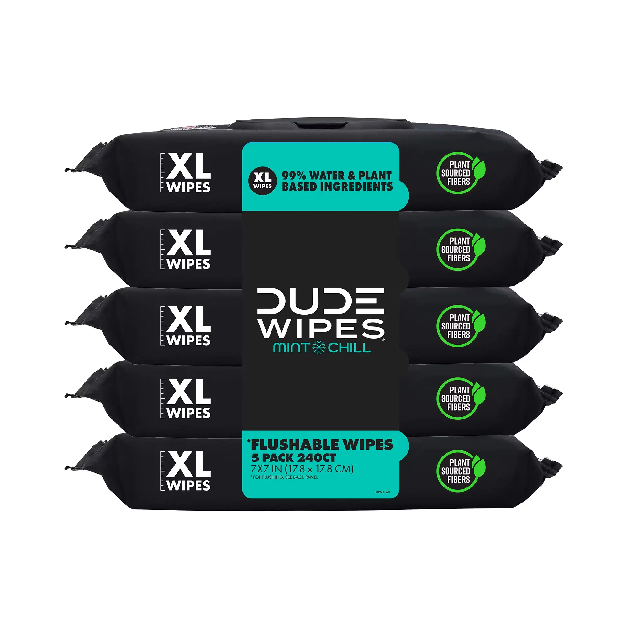 DUDE Flushable Wipes, Extra Large Mint Chill Wet Wipes, 48 Count, 5 Pack (240 Total) Scented Toilet, Flushable Wipes for adult