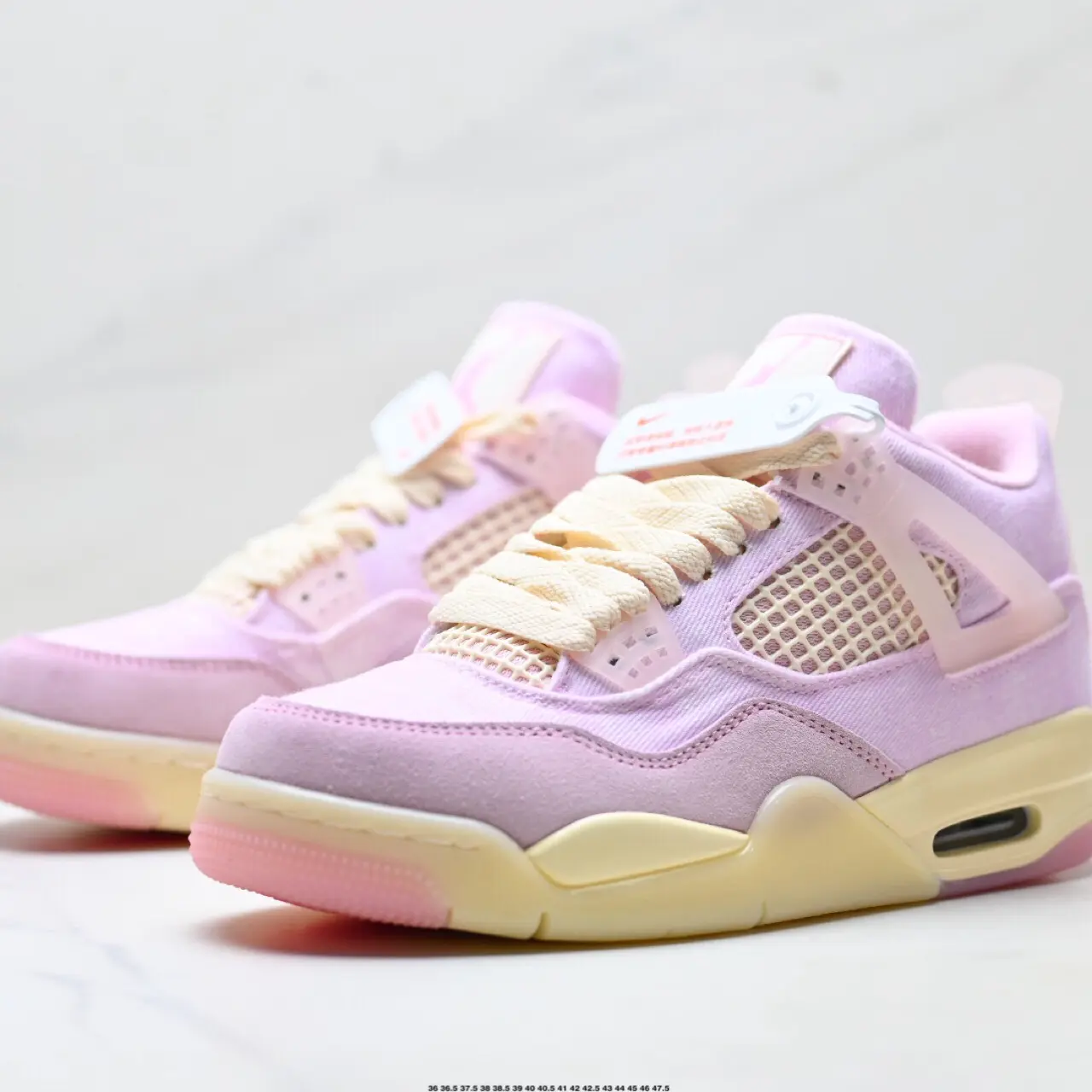 Classic Retro Hip‑Hop Unisex High‑Cut Street Basketball Shoes, sweet pastel pink‑purple cream gum‑sole colorway, canvas‑suede‑mesh blended material, cushioned midsole, durable rubber outsole for outdoor activities and hip‑hop street style