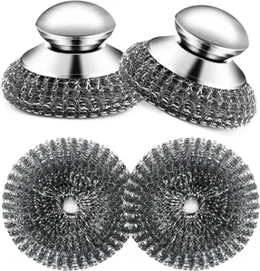 2Pack Stainless Steel Wool Scrubber with Handle, Scrubbing Scouring Brush Pads for Cleaning, Dish Scrubbers Tools for Can Clean Stoves, Wash Sink