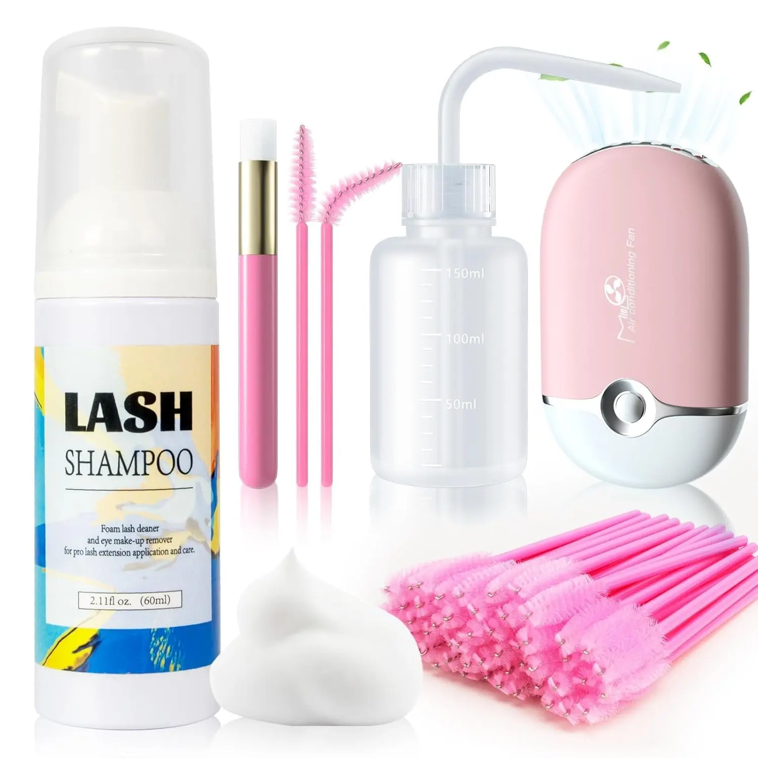 Halloween Fall Gifts 60ML Lash Cleanser with Fan Brush, Rinse Bottle and 50 Pcs Mascara Brush, Rich Foam Wash for Eyelash Extensions