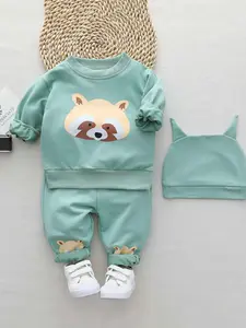 2PCS Baby Cute Cartoon Small Weasel Pattern Round Neck Long Sleeve Shirt and Pants Set with Hat, Casual Fitted Spring & Fall Baby Clothing Gift Sets