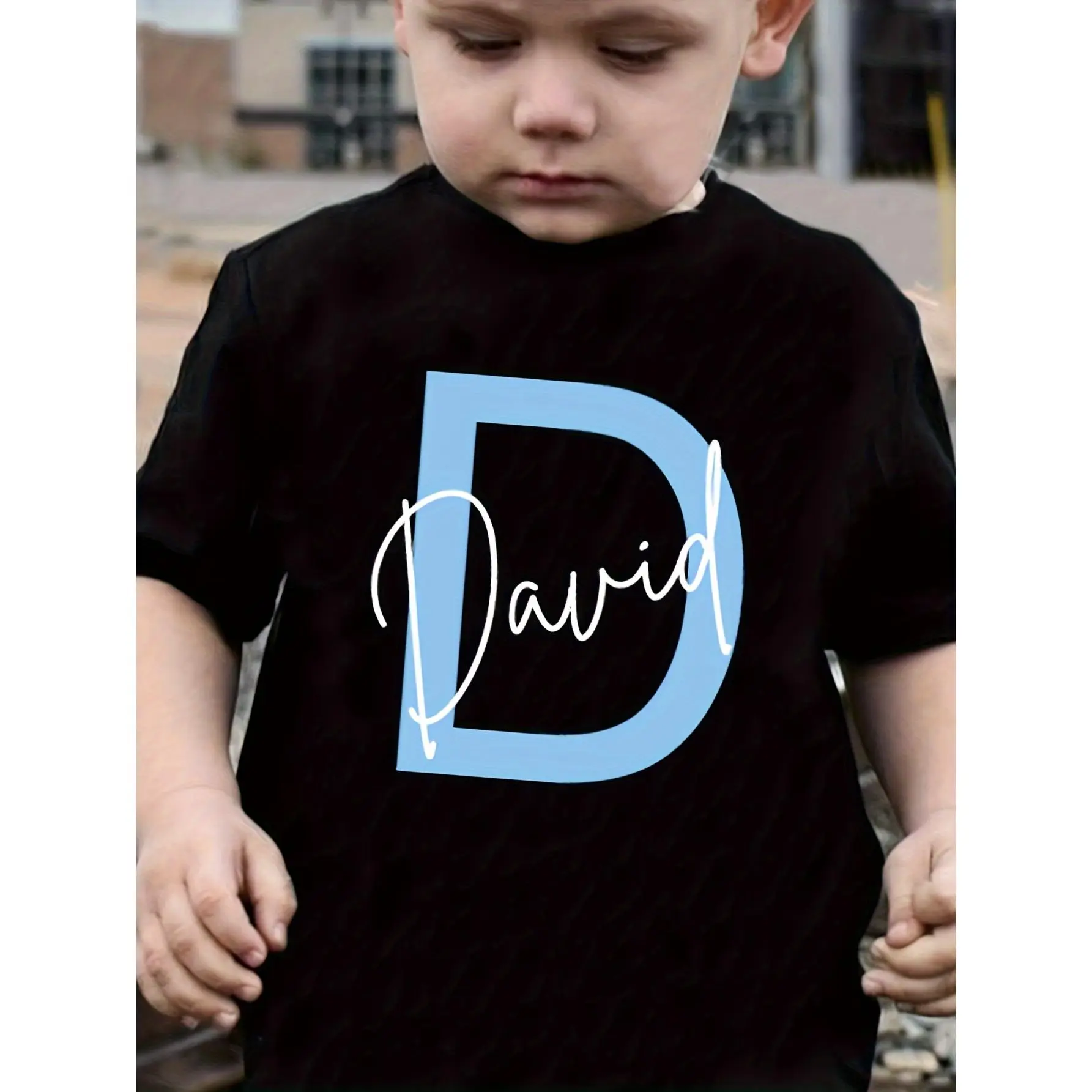 Boys' Personalized Graphic Tee with Custom Name, Casual Alphabet Print Polyester Top for Kids' Spring Summer Wear, Graphic Tees, Crew Neck, Short Sleeve Tops, Figure, Knit Fabric, Casual Wear