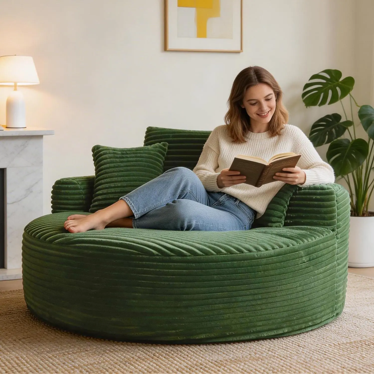 55'' Oversized Round Chaise Lounge Chair Indoor, Upholstered Corduroy Cloud Circle Chair with 3 Pillows, Deep Seat Circle Single Cloud Lounge for Living Room